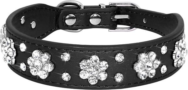 Collar de Cuero PU para Perros Pequeños y Medianos con Flores de Diamantes