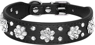 Collar de Cuero PU para Perros Pequeños y Medianos con Flores de Diamantes