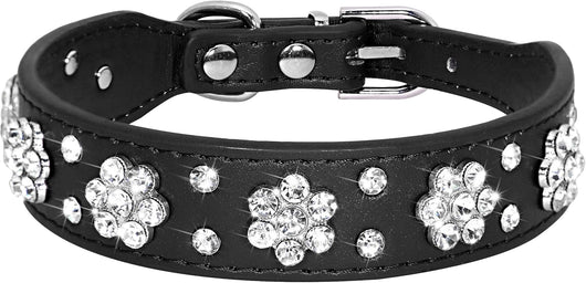 Collar de Cuero PU para Perros Pequeños y Medianos con Flores de Diamantes
