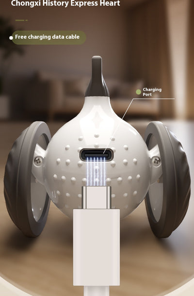 Yellow and white pet toy resembling a pufferfish with large gray wheels, designed for interactive play. - Image 11