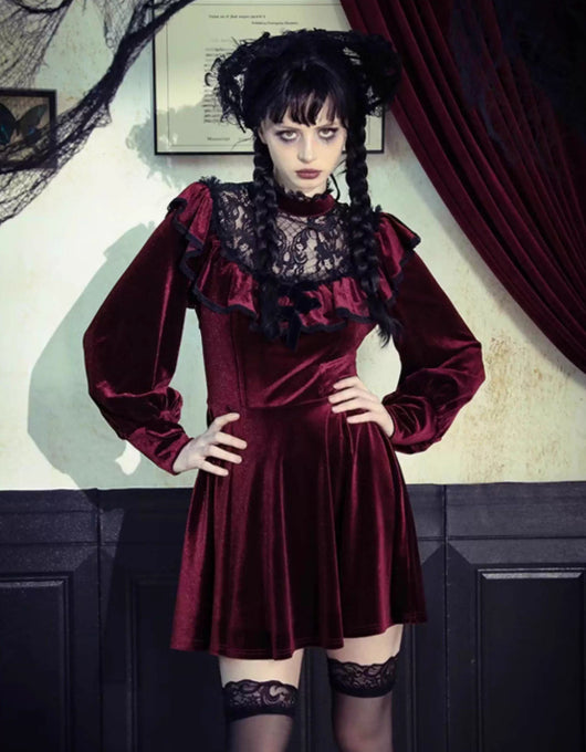 Vestido Gothic Elegancia en Terciopelo Rojo Oscuro - Image 2