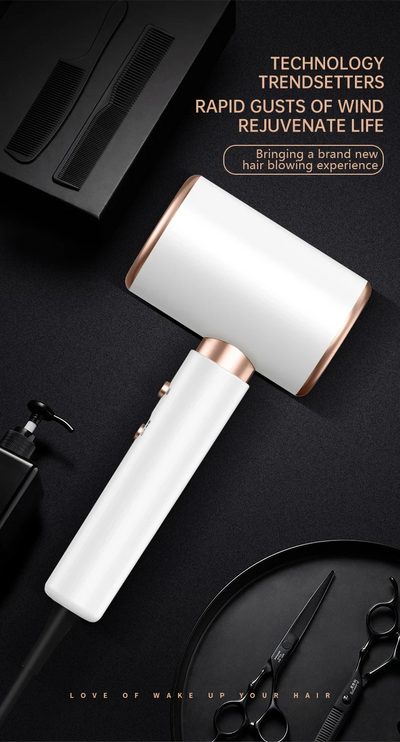 White professional hair dryer with rose gold accents, blue fan, and two control buttons, shown with a US 110V plug and a 360-degree rotating air collector nozzl - Image 52