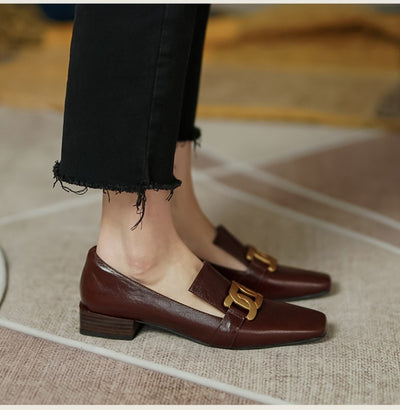 Zapatos de Cuero Marrón Retro con Punta Cuadrada y Tacón Bajo para Mujer