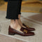 Zapatos de Cuero Marrón Retro con Punta Cuadrada y Tacón Bajo para Mujer