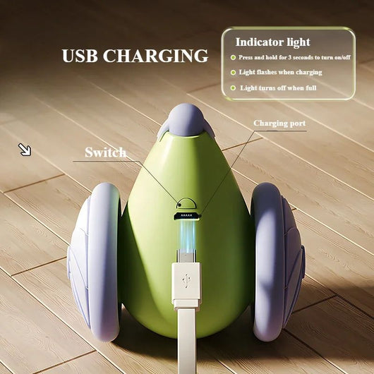 White and grey electric mouse cat toy with large wheels, a glowing blue tail, and a USB charging cable. - Image 13