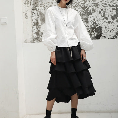 Blusa Blanca con Cuello de Pie y Mangas Globo - Primavera y Otoño - Image 4