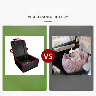 Black quilted pet car seat booster with adjustable straps and a leash attachment, designed for front seat use. - Image 6