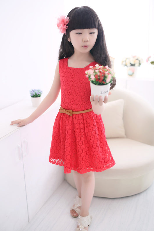 Vestido Princesa Niña con Chaleco de Encaje Calado y Cinturón - Image 9