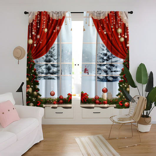 Christmas curtain with a snowy village scene, Santa Claus, flying reindeer, and piles of wrapped gifts. - Image 29