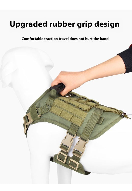 Light grey tactical dog harness made of Oxford cloth with mesh padding, adjustable straps, a top handle, and D-ring. - Image 4
