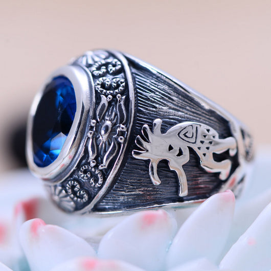 Anillo de Plata 925 Personalizado con Cristal Azul - Diseño Tótem Dominante para Hombre - Image 6