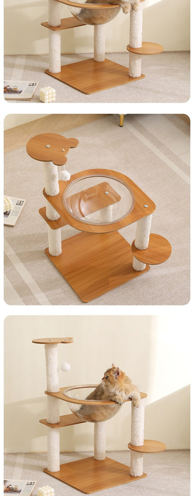 Multi-layer cat tree with a plush top bed, clear space capsule, wooden cat house, sisal scratching posts, and climbing stairs. - Image 10