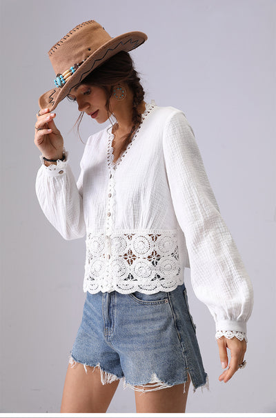 Blusa Suelta de Encaje Hueco Francés para Mujer - Image 9