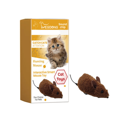 Brown interactive mouse toy for cats with a sound chip, shown in packaging with a kitten graphic and as a standalone toy. - Image 5