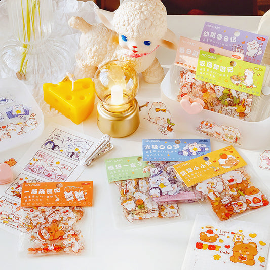 Cute cartoon animal stickers featuring bears and rabbits in various daily activities, packaged and displayed.