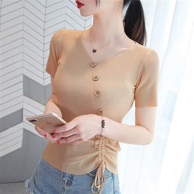 Camiseta Cuello V Ice Silk Manga Corta para Mujer - Image 5