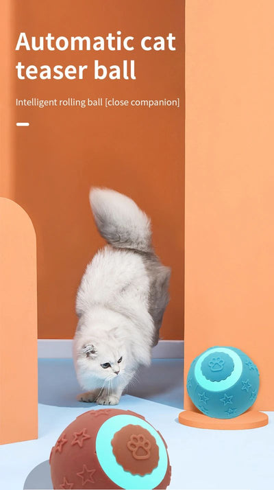 Blue smart ball cat toy with a glowing paw print and star patterns for interactive pet play. - Image 16