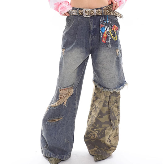 Pantalones Anchos Estilo Militar con Cadena Estampada y Efecto Dos Piezas