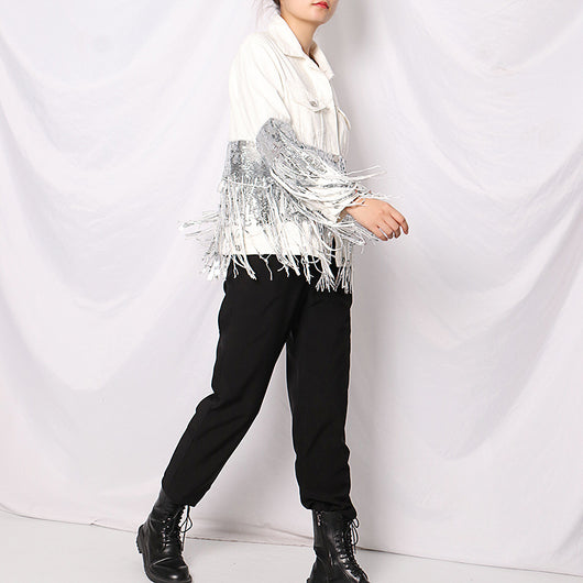 Chaqueta Denim Oversize con Lentejuelas, Bolsillos y Detalles Rotos - Image 13