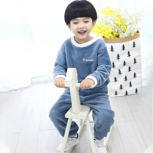 Reddish-brown coral velvet children's loungewear set with a long-sleeved top and matching pants, featuring white trim. - Image 7