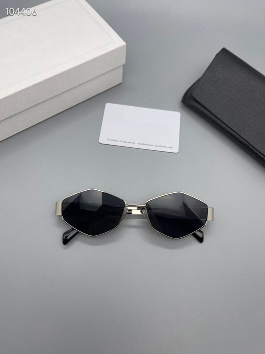 Gold metal polygon sunglasses with dark lenses, displayed with a white authenticity card and black case. - Image 7
