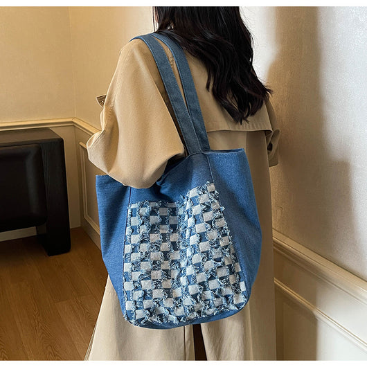 Bolsa Tote de Mezclilla Lavada con Patrón Escocés y Gran Capacidad - Image 13