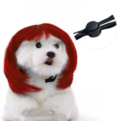 White fluffy dog plush toy wearing a short, straight grey bob wig with bangs and white tie ribbons. - Image 14