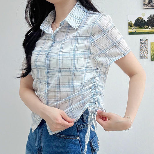 Camisa Cuadrille Retro con Pliegues Elegantes y Manga Corta - Image 15