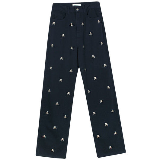 Pantalones Rectos Holgados Tibetanos con Estampado Calavera Azul - Image 12