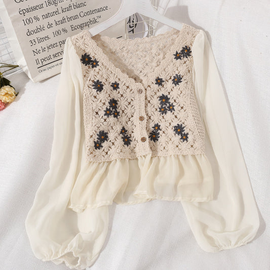 Blusa Tejida de Manga Larga Estilo Coreano con Detalles Calados para Mujer