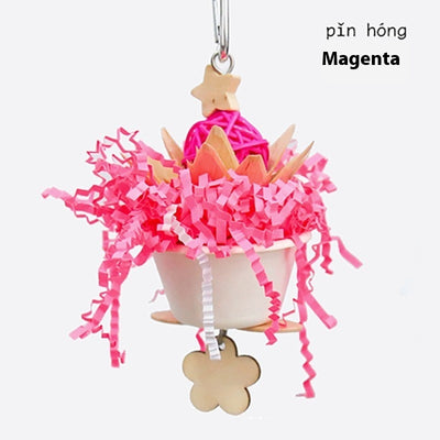 Blue parrot flower clump bite toy with shredded paper, wooden pieces, and a hanging metal clip. - Image 8
