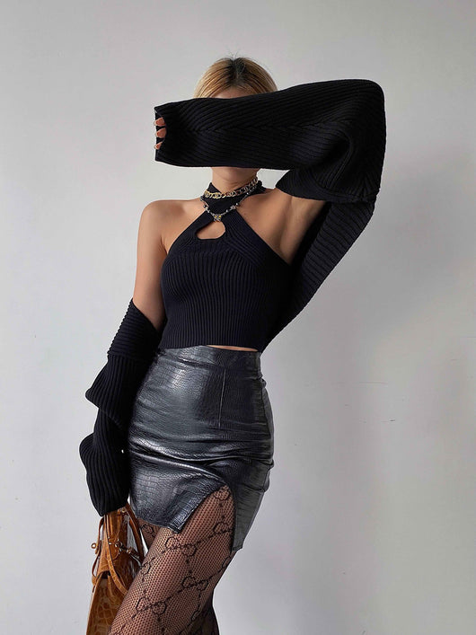 Falda de Cuero Negro Cintura Alta Premium
