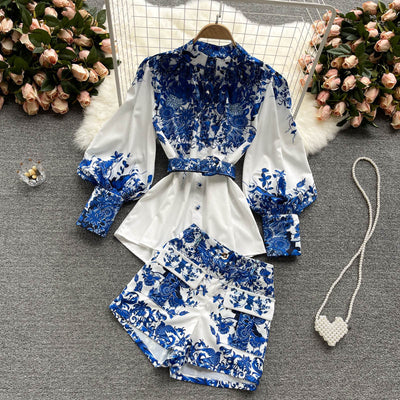 Conjunto Vintage: Blusa Porcelana Azul y Blanca + Short Ancho Versátil - Image 21