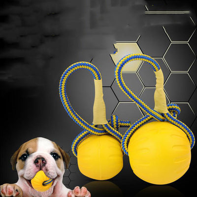 Yellow EVA pet training ball with a blue and yellow braided rope, suitable for dog play and training. - Image 10