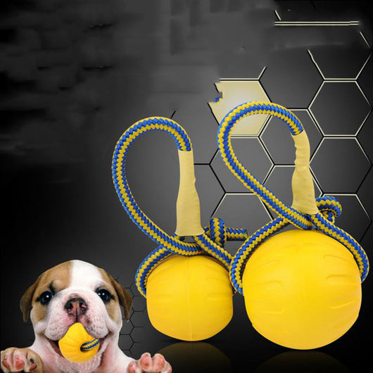 Yellow EVA pet training ball with a blue and yellow braided rope, suitable for dog play and training. - Image 10