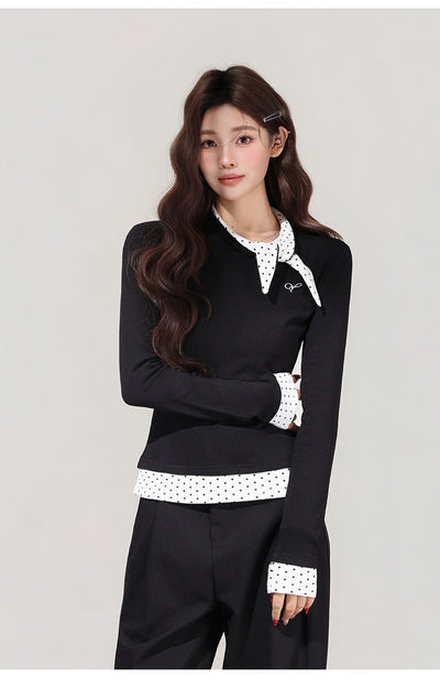 Blusa Negra con Lunares y Moño - Efecto Dos Piezas, Manga Larga - Image 11