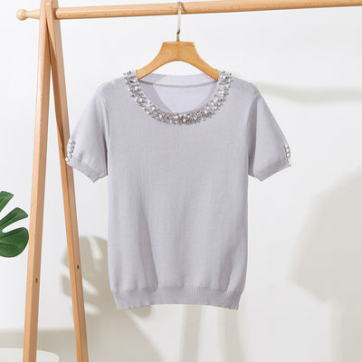 Blusa Suelta de Cuello Redondo con Cuentas en Colores Sólidos - Image 5