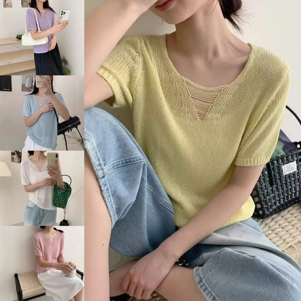 Blusa Hueca Escote V Colores Pastel Manga Corta