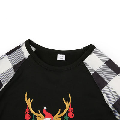 Family matching Christmas pajamas with black and white buffalo plaid sleeves and pants, featuring a reindeer graphic. - Image 15
