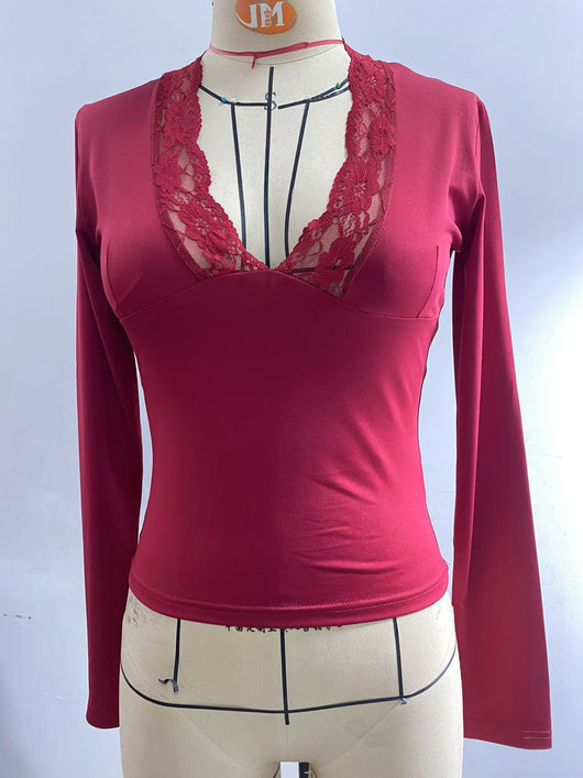 Blusa Ajustada de Manga Larga con Encaje Floral - Image 8