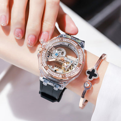 Reloj Mecánico para Mujer con Strass y Correa de Silicona