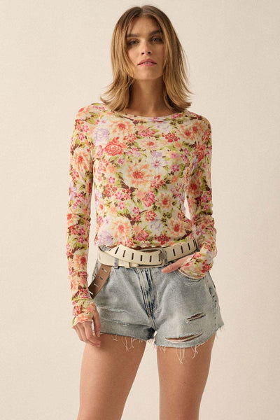 Blusa Elegante de Malla Floral Cuello Redondo Manga Larga Ajustada - Image 10