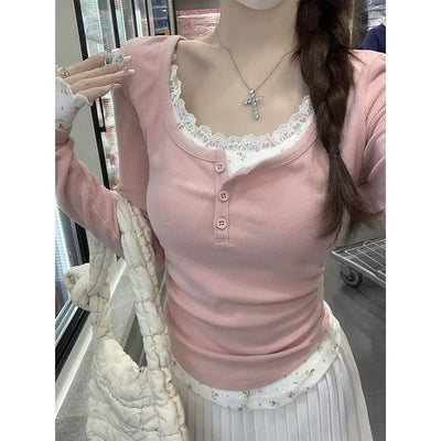 Blusa Manga Larga Efecto Dos Piezas con Encaje Floral - Image 4