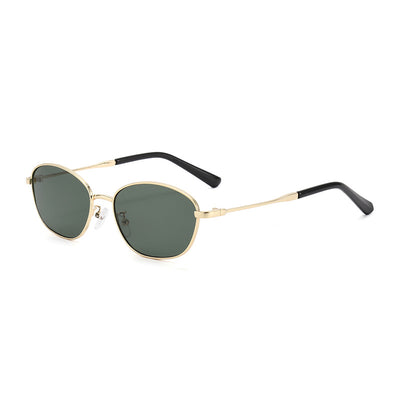 Small oval metal sunglasses for women with a gold frame and brown gradient lenses, featuring black temple tips. - Image 5