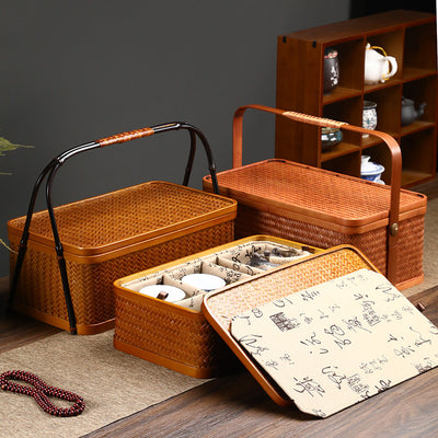 Contenedor Hermético de Bambú Rectangular Doble Capa con Tapa - Caja Portátil para Alimentos y Té - Image 4