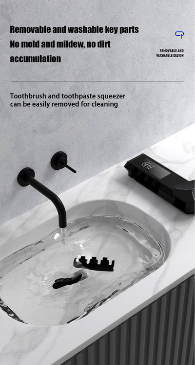 White wall-mounted toothbrush sterilizer with UVC ultraviolet light, holding four electric toothbrushes. Features a digital display and blue sterilization light - Image 10