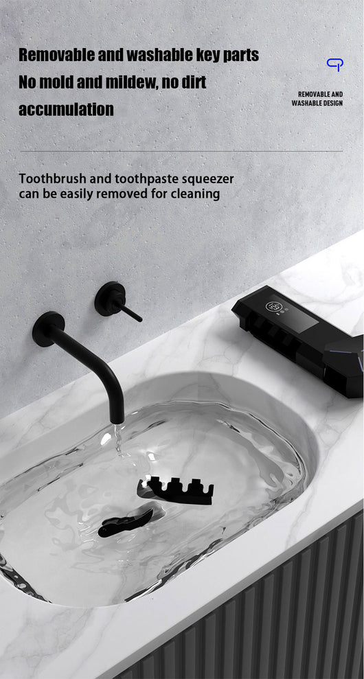 White wall-mounted toothbrush sterilizer with UVC ultraviolet light, holding four electric toothbrushes. Features a digital display and blue sterilization light - Image 10