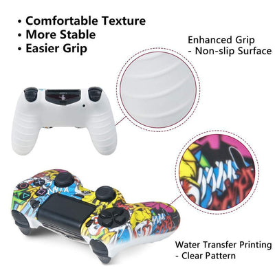 Blue silicone protective sleeve for PS4 Slim Pro controller with a vibrant graphic pattern of skulls and skeletons. - Image 4