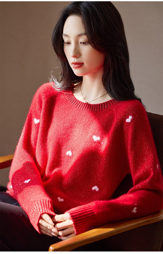 Suéter Rojo de Cuello Redondo para Mujer con Motivo de Corazón - Image 11