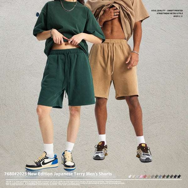 Shorts Deportivos de Algodón Puro Teñidos con Patrón Vintage Lavado